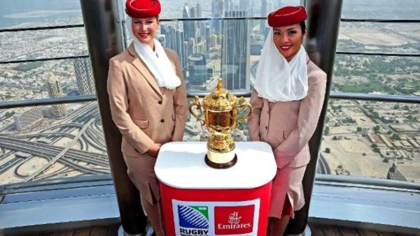 The Webb Ellis Cup stopped over in Dubai en-route to Auckland and was photographed at the top of the world’s tallest building, the Burj Khalifa The Webb Ellis Cup stopped over in Dubai en-route to Auckland and was photographed at the top of the world’s tallest building, the Burj Khalifa
