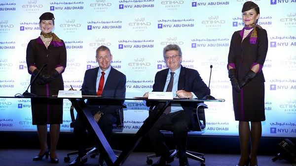 Ray Gammell, Etihad Airways’ Chief People and Performance Officer, and NYUAD Provost, Fabio Piano, celebrate the signing of the MoU between Etihad Airways and NYUAD. Ray Gammell, Etihad Airways’ Chief People and Performance Officer, and NYUAD Provost, Fabio Piano, celebrate the signing of the MoU between Etihad Airways and NYUAD.