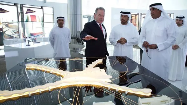 James Hogan, Etihad Airways’ President and Chief Executive Officer; His Excellency Sheikh Sultan bin Tahnoon Al Nahyan, Chairman of the Transport Department and member of the Executive Council, Abu Dhabi; and His Excellency Major General Mohammed Khalfan Al Romaithi, Deputy Commander-in-Chief of Abu Dhabi Police and member of the Executive Council; at the Etihad Airways Innovation Centre in Abu Dhabi.