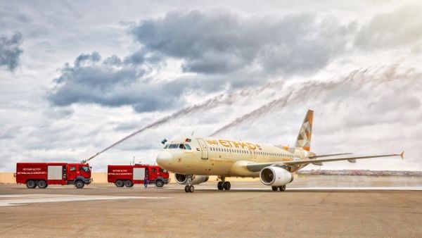 Etihad Airways inaugural flight to Baku arrives to a water cannon salute.