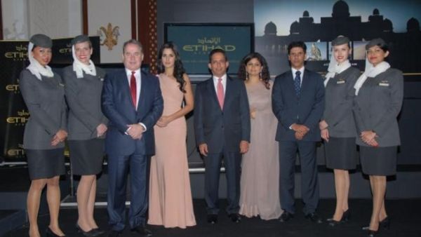 Etihad Chief Executive Officer, James Hogan with Bollywood actress and Etihad Brand ambassador, Katrina Kaif during a cocktail reception held for trade partners and corporate guests at the Imperial Hotel in New Delhi