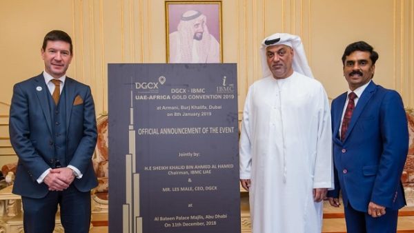 Les Male, CEO of DGCX_ His Excellency Sheikh Khalid Bin Ahmed Al Hamed, Chairman of IBMC, UAE_ Sajith Kumar P K, CEO & Managing Director, IBMC Global Network Les Male, CEO of DGCX_ His Excellency Sheikh Khalid Bin Ahmed Al Hamed, Chairman of IBMC, UAE_ Sajith Kumar P K, CEO & Managing Director, IBMC Global Network