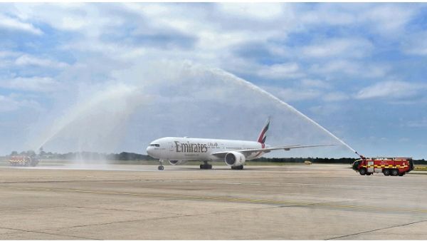 A water cannon salute welcomes Emirates’ inaugural flight to London Stansted.
