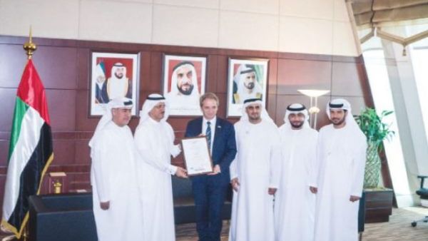 During the handing over of certificate to Robert Bosch Middle East at the office of UAE Economy Minister Sultan Bin Saeed Al Mansoori. (SG)