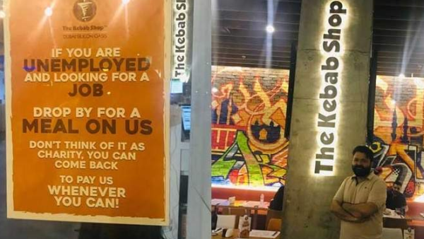 The Kebab Shop located in the Dubai Silicon Oasis has a board outside the shop that is not advertising for food but offering free meals. (KhaleejTimes)