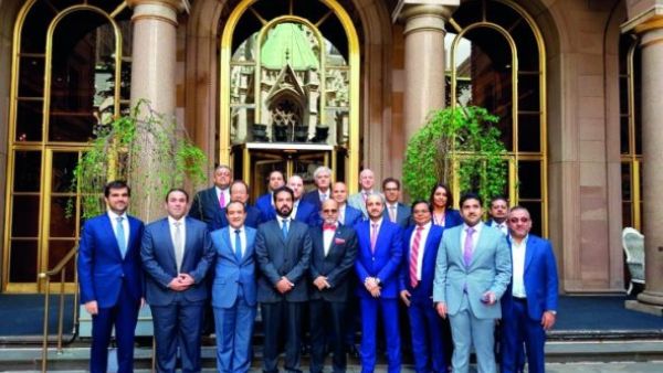 Rashid bin Ali Al Mansoori, CEO of Qatar Stock Exchange (front row-fourth left); Joseph Abraham, CEO, Commercial Bank (front row-third left); Dr R. Seetharaman, CEO, Doha Bank (front row-fifth left) and other offficials on the sidelines of New York roadshow. (The Peninsula)