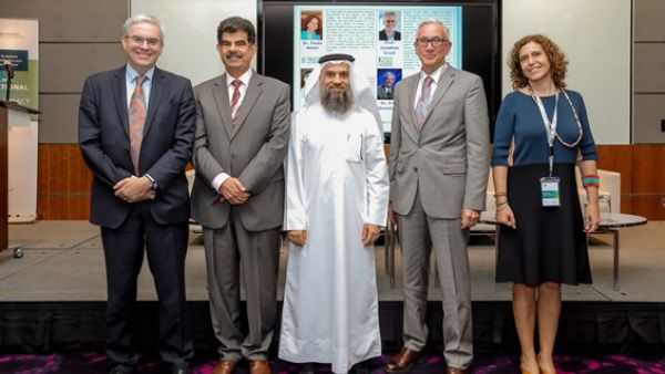 Dr Jonathan Grant, Co-Founder, ISRIA; Dr Abdul Sattar Al-Taie, Executive Director, QNRF; Dr Ibrahim Janahi, Executive Director of Medical Research, HMC; Eric Stenehjem, Executive Director IP & Technology Transfer, QF R&D; Dr Paula Adam, Co-Founder, ISRIA. 
