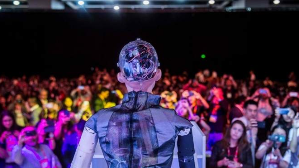 'Sophia the Robot' is seen on stage before a discussion about Sophia's multiple intelligences and artificial intelligence (AI) in Hong Kong. (AFP)