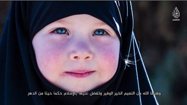 A young Chechen girl featured in a Daesh propaganda video. (Screenshot)
