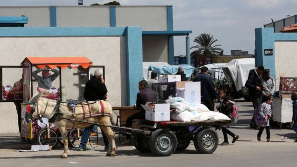 Palestinians receive aid packs from the United Nations Relief and Works Agency for Refugees (UNRWA) (Shutterstock)	