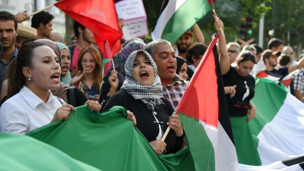 Tunisians holding Palestinian flags demonstrate in Tunis (AFP/File Photo)	