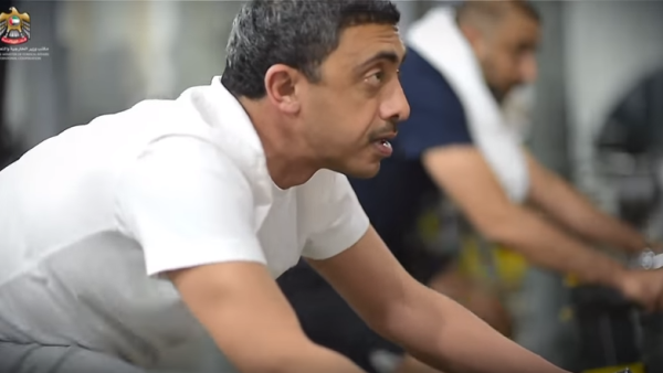 A video of the Dubai minister sweating it out on a spinning bike at a gym was uploaded on YouTube by the ministry on Sunday. (YouTube)