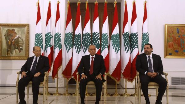 Lebanese prime minister Saad Hariri (R) meets President Michel Aoun (L) and Parliament speaker Nabih Berri(C) at the presidential palace in Baadba. (AFP/ File Photo)