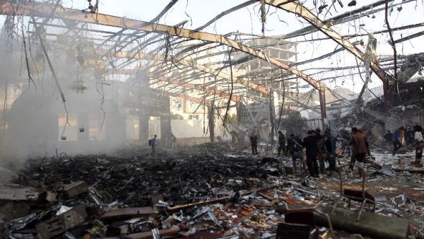 This file photo taken on October 8, 2016 shows a general view of the destruction following reported airstrikes on a funeral hall by Saudi-led coalition air-planes on a building in the capital Sanaa. (AFP/Mohammed Huwais)