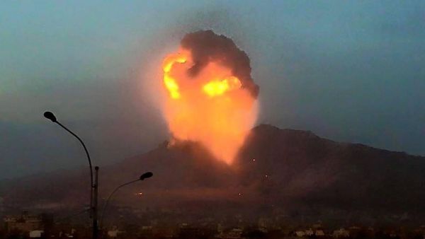 Powerful explosions shook Sanaa on Monday after airstrikes from the Saudi-led coalition struck a rebel arms depot. (Twitter)
