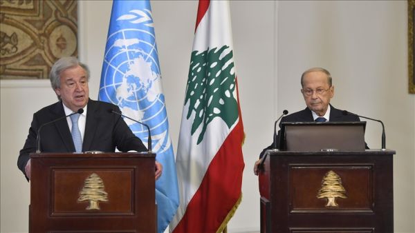 غوتيريش خلال مؤتمر صحفي مشترك في العاصمة بيروت، مع الرئيس اللبناني ميشال عون