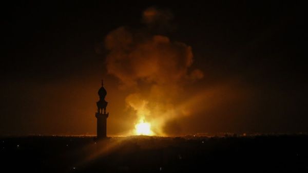 A picture taken in Rafah in the southern Gaza Strip, on May 5, 2019 shows an explosion following an airstrike by Israel. Gaza militants fired a barrage of rockets at Israel, who responded with airstrikes, officials said, as a fragile ceasefire again faltered. SAID KHATIB / AFP