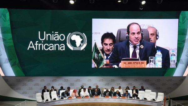 Egypt's President Abdel Fattah Al-Sissi delivers a speech during the African Union (AU) summit at the Palais des Congres in Niamey (AFP)