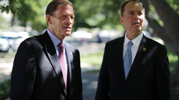 Rep. Sen. Richard Blumenthal (D-CT) (L) and Rep. Adam Schiff (D-CA) prepare for a news conference (AFP)