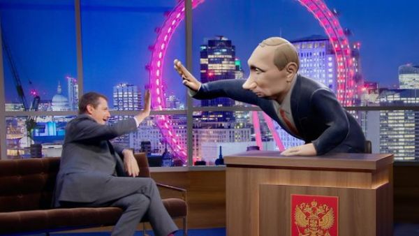 A satirical show called “Tonight With Vladimir Putin” uses a 3-D cartoon of President Putin interviewing real guests (Twitter)