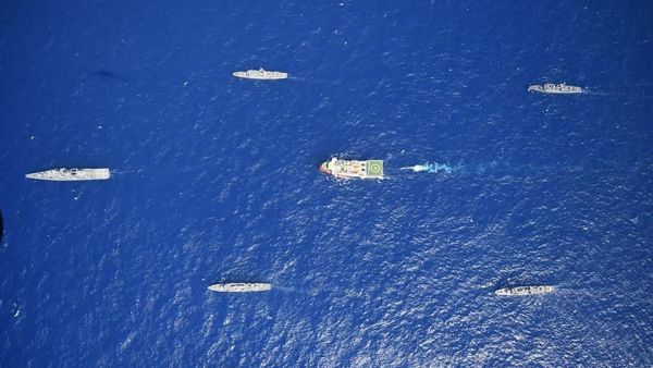 Turkish seismic research vessel Oruc Reis (C) escorted by Turkish Naval ships in the Mediterranean Sea off Antalya on August 10, 2020. (AFP)