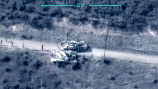 Capture from video released by Azerbaijan Ministry of Defense depicting a drone strike on Armenian T72 tanks /September 2020 