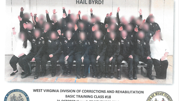 This photo, released by West Virginia state officials, depicts most of a training class of roughly 30 correctional officers giving the Nazi salute.