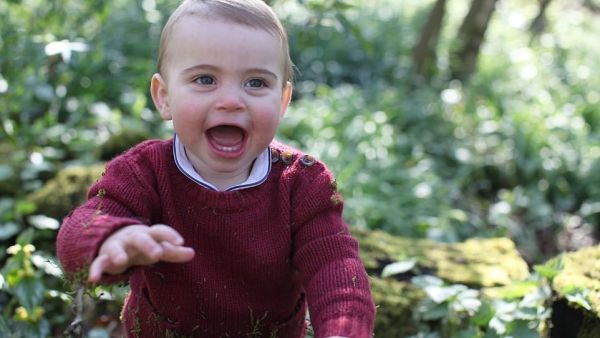 Little Prince Louis looks gleeful as he crawls, covered in moss, around the garden. (Daily Mail)