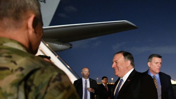US Secretary of State Mike Pompeo (2nd R) smiles upon arrival at Baghdad International Airport in Baghdad on May 7, 2019. (AFP/ File)