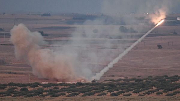 This picture taken on October 15, 2019 shows a missile fired by Turkish forces towards the Syrian town of Ras al-Ain, from the Turkish side of the border at Ceylanpinar district in Sanliurfa on the first week of Turkey's military operation against Kurdish forces. (AFP/ File Photo)