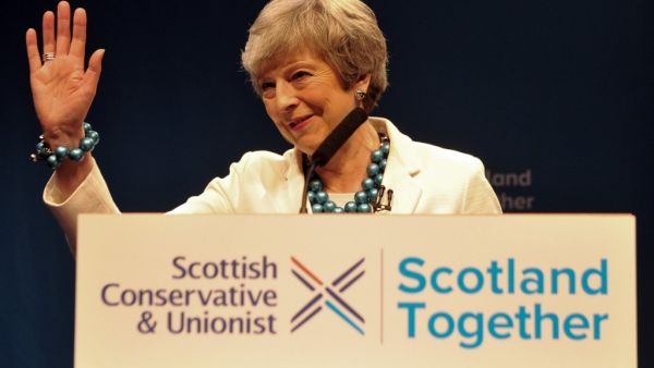 Britain's Prime Minister Theresa May speaks at the Scottish Conservative party conference in Aberdeen on May 3, 2019. (Andy Buchanan / AFP)