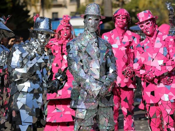 Performers take part in the Nice Carnival parade on February 16, 2019 in Nice in southeastern France. The 135th carnival runs  till March 2, 2019, and celebrates this year the "King of Cinema". 
VALERY HACHE / AFP