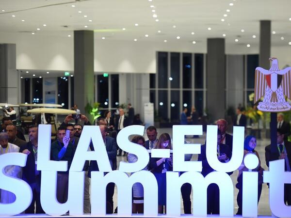 The logo of the first joint European Union and Arab League summit is pictured at the International Congress Centre in the Egyptian Red Sea resort of Sharm el-Sheikh, on February 24, 2019. 
MOHAMED EL-SHAHED / AFP