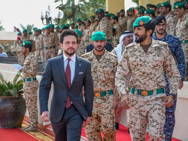 Crown Prince Al Hussein bin Abdullah II and Bahrain Royal Guard Commander Major Gen. Sheikh Nasser bin Hamad Al Khalifa attend a military drill by the Bahrain Royal Guard Units and took part un some of it.
(Twitter/@RHCJO)
