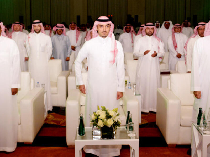 General Sports Authority President Prince Abdul Aziz bin Turki Al-Faisal, center, with officials of the Kingdom’s sports clubs during a press conference on Saturday. (Photo: Huda Bashatah)