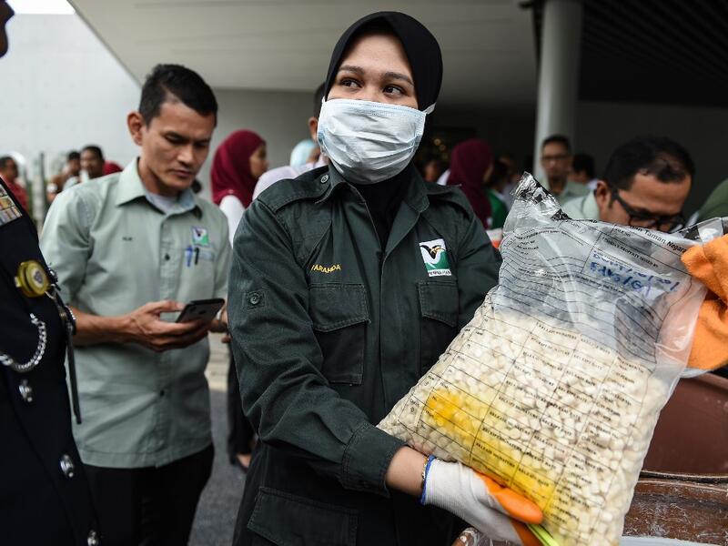 A member of a wildlife personnel team displays a product made from ivory tusks before the confiscated ivory was destroyed at the Kualiti Alam Waste Management centre in Port Dickson on April 30, 2019.  Mohd RASFAN / AFP