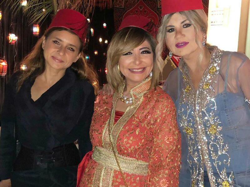 Boosy Shalabi chose  a long, transparent piece on plain clothes for Lamees Al Hadidi's birthday, Lamis chose a Moroccan caftan and Nelly Karim chose plain clothes