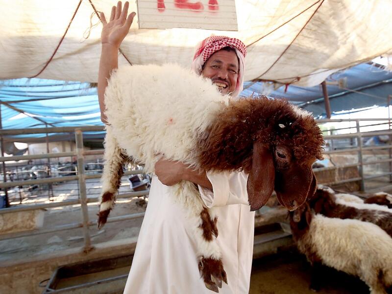 A vendor carries a sheep at a livestock market in Kuwait City on August 5, 2019, ahead of the Muslim holiday of Eid al-Adha or the "Feast of Sacrifice" which marks the end of the annual pilgrimage or Hajj to the Saudi holy city of Mecca and is celebrated in remembrance of Abraham's readiness to sacrifice his son to God. Yasser Al-Zayyat / AFP