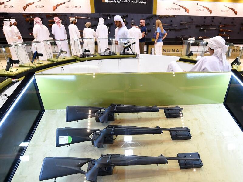 This picture taken on August 31, 2019 shows various rifles and pistols on display during the Abu Dhabi International Hunting and Equestrian exhibition (ADIHEX) in the UAE capital Abu Dhabi.  KARIM SAHIB / AFP