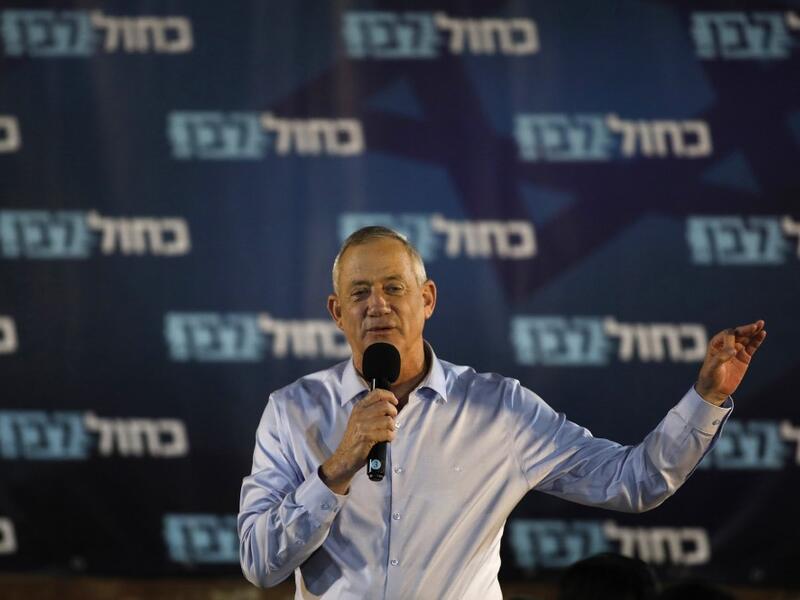 Retired Israeli General Benny Gantz, one of the leaders of the Blue and White (Kahol Lavan) political alliance, speaks during a campaign event in Yasud HaMaala in northern Israel on September 11, 2019. Israel will hold general elections on September 17. JALAA MAREY / AFP