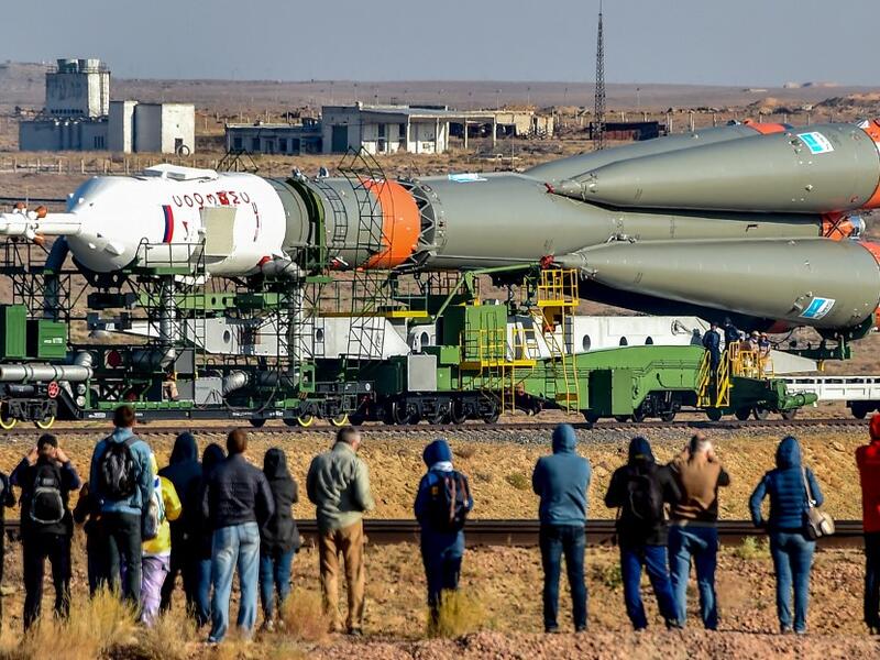 The Soyuz booster rocket FG with Soyuz MS-15 spacecraft is transported to the launch pad at the Russian-leased Baikonur cosmodrome in Kazakhstan on September 23, 2019. VYACHESLAV OSELEDKO / AFP