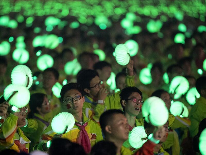 Chinese dancers perform at a gala in Tiananmen Square in Beijing on October 1, 2019, to mark the 70th anniversary of the founding of the People’s Republic of China. NOEL CELIS / AFP