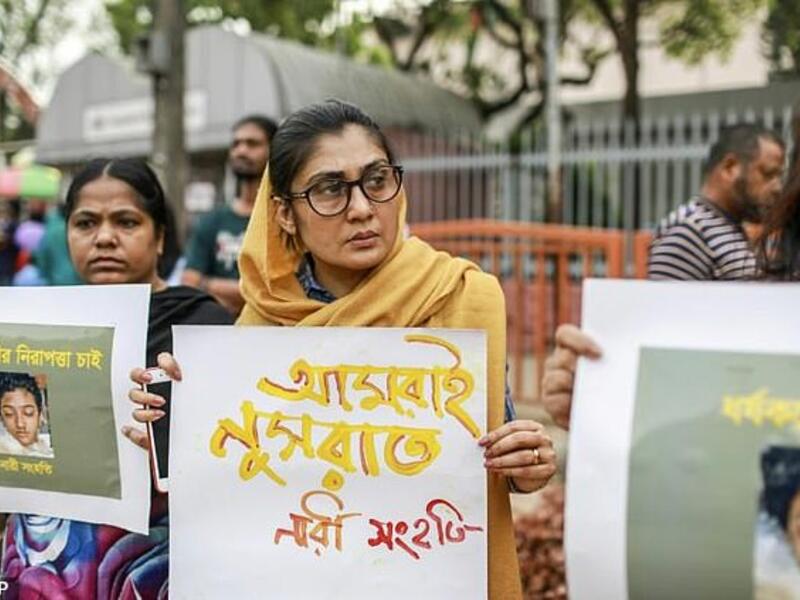 A 35-year-old who forcibly shaved his wife's head after finding a hair in his breakfast has today been arrested. Pictured are protesters against sexual violence in Bangladesh . (AFP/ File Photo)