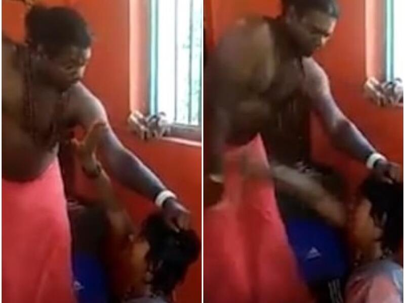 The priest then grabs the woman's hair as she kneels on the ground and starts to whip her as she screams and cries. (Video Screenshot/ Newslions)