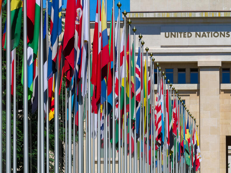 National flags at the entrance in UN office at Geneva, Switzerland (Shutterstock)	