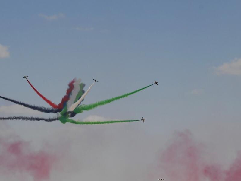 United Arab Emirates' air force Aerobatic Team, Al-Fursan, performs stunts at the Dubai Airshow on November 18, 2019. KARIM SAHIB / AFP