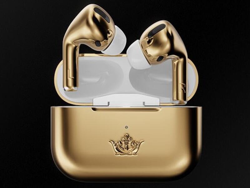 Caviar, a manufacturer of luxury smartwatches and accessories, is offering a pair of AirPods Pro wrapped in 18-karat gold for $67,790. (Caviar)