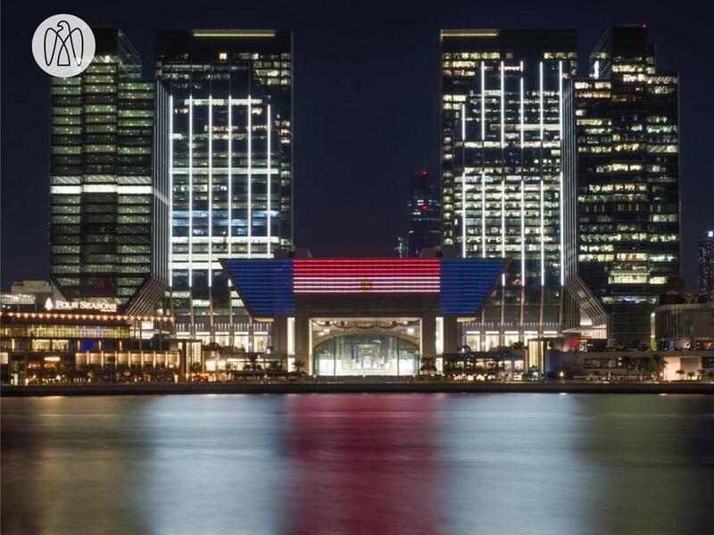 Abu Dhabi’s landmarks light up in the colours of the Egyptian flag in celebration of Egyptian President Abdel Fattah El Sisi’s visit to the UAE. (Twitter/ @admediaoffice)