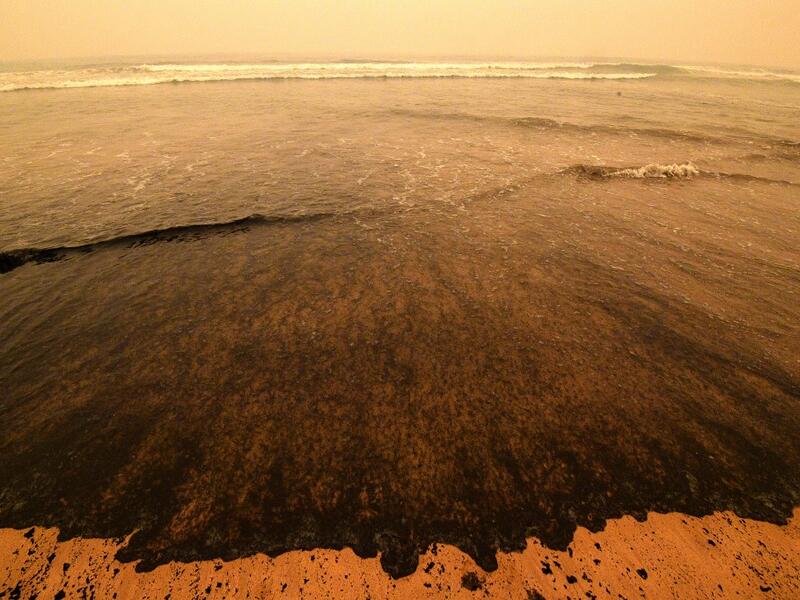 Ash from bushfires washes up on a beach in Merimbula, in Australia's New South Wales state on January 5, 2020. Australians on January 5 counted the cost from a day of catastrophic bushfires that caused "extensive damage" across swathes of the country and took the death toll from the long-running crisis to 24. SAEED KHAN / AFP