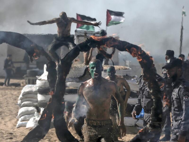 Palestinian police cadets take part in a training session at a police academy in Khan Yunis, in the southern Gaza Strip on February 6, 2020. MAHMUD HAMS / AFP